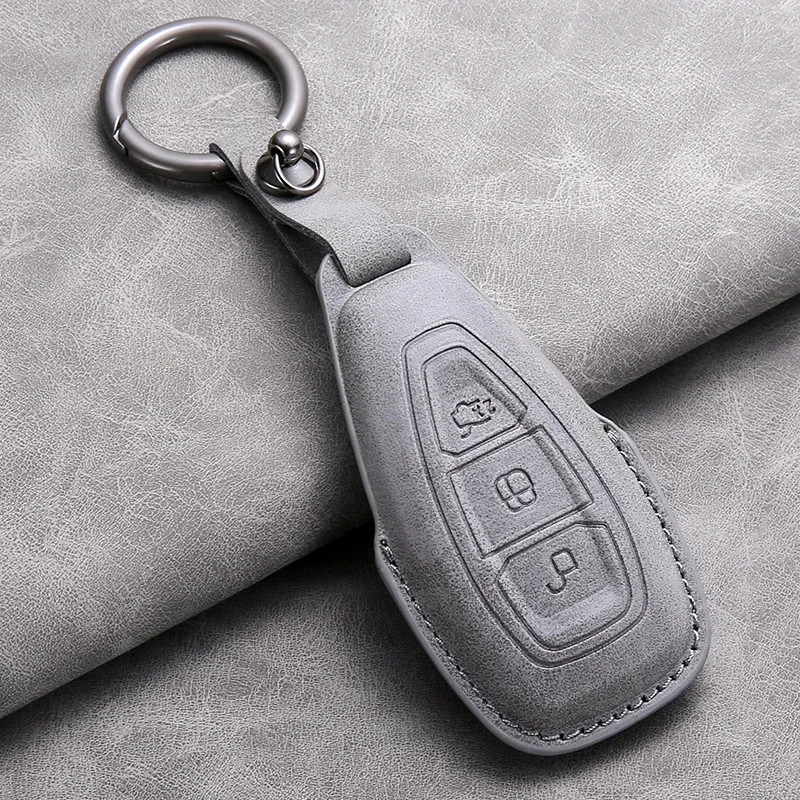 For Ford Puma Grand C Max Focus Mondeo Kuga Fiesta Ecosport Transit Kuga Leather Car Remote Key Case Cover Keychain Accessories