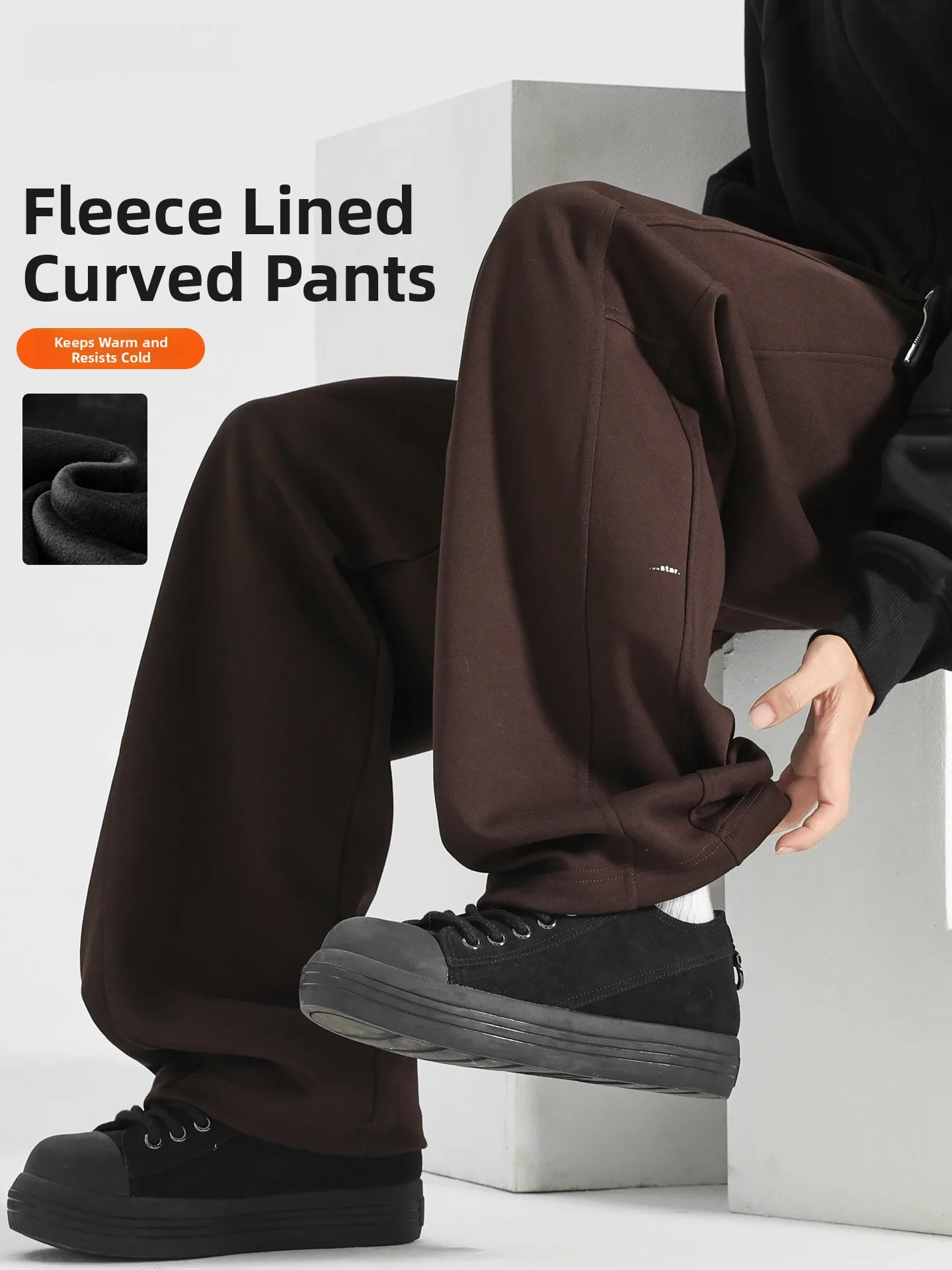 

Cé Brown Thiened Fce Lined Straight Leg Casual Trousers for Men Autumn Winter Sle Comfortable Warm Banana Knife Swea...