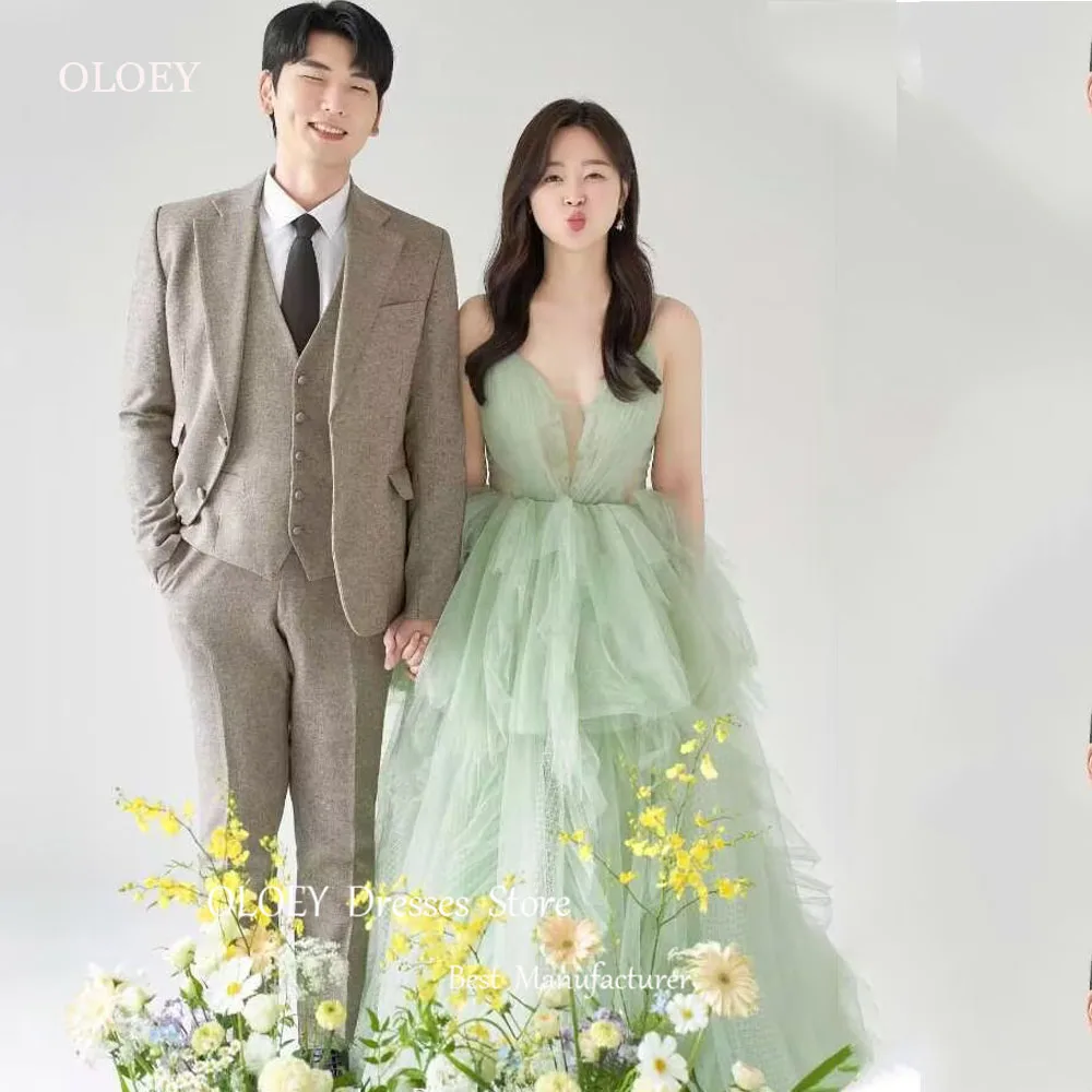 

OLOEY Fairy Matcha Green Ball Gown Wedding Dress Tiered Floor-Length Sweetheart Collar Spaghetti Strap Spring Dress