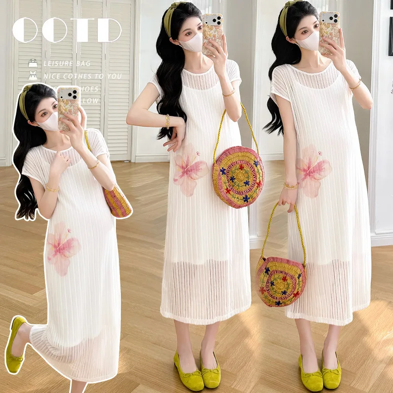 Maternity Dress Summer 2026 White Flower Print Dress Soft Comfortable for Pregnant Women Vacation Casual