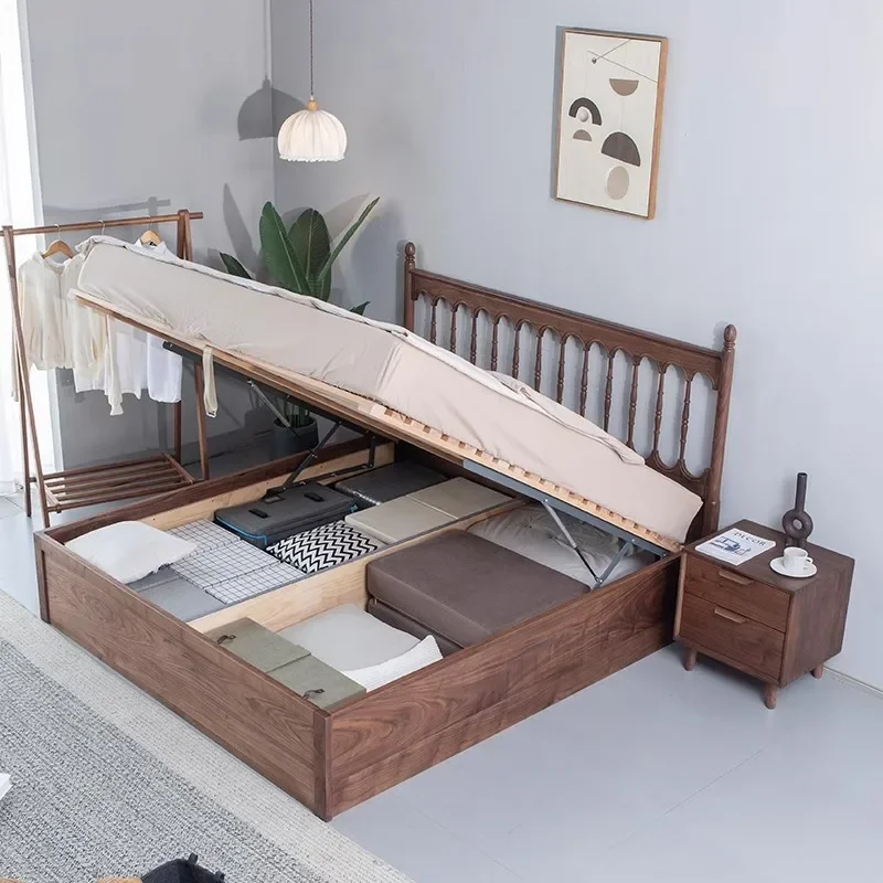 سرير عالي الضغط من خشب الجوز الأسود في أمريكا الشمالية، سرير تخزين من الخشب الصلب وندسور مزدوج، سرير كوين حديث #4