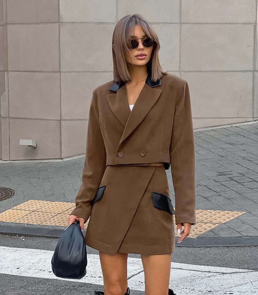 Casual Blazers Coats Skirts Set Women Contrast Lapel Full Sleeve Button Coat Irregular Skirt Sets Female Autumn Lady Suit