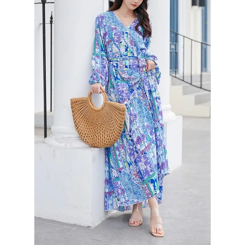 Tokon Vestidos bohemios de talla grande 2025 con gradas y cuello en V, manga larga, estampado, vacaciones, playa, vestido largo holgado con cinturón 2311