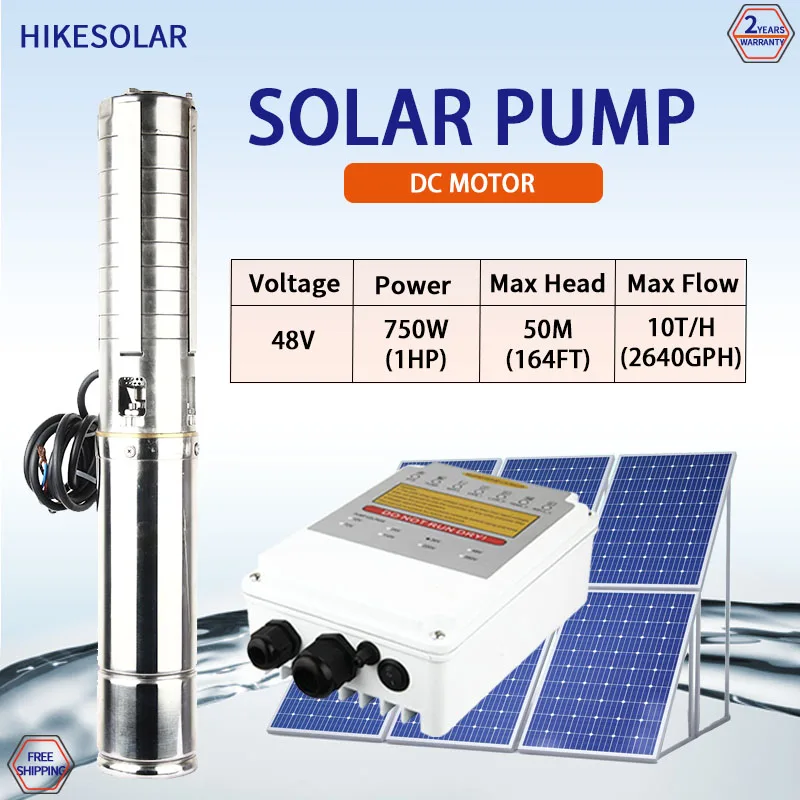 

Solar water pump 2 years warranty 750w 1HP Submersible Pump 10000L/H SS304 Impeller DC Motor 48V 4“ for garden and farm