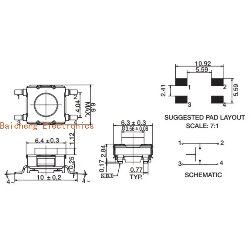 10PCS KT11P3SM patch 4-pin 6 * 6 * 4.3 sealed waterproof and dustproof button switch, touch button