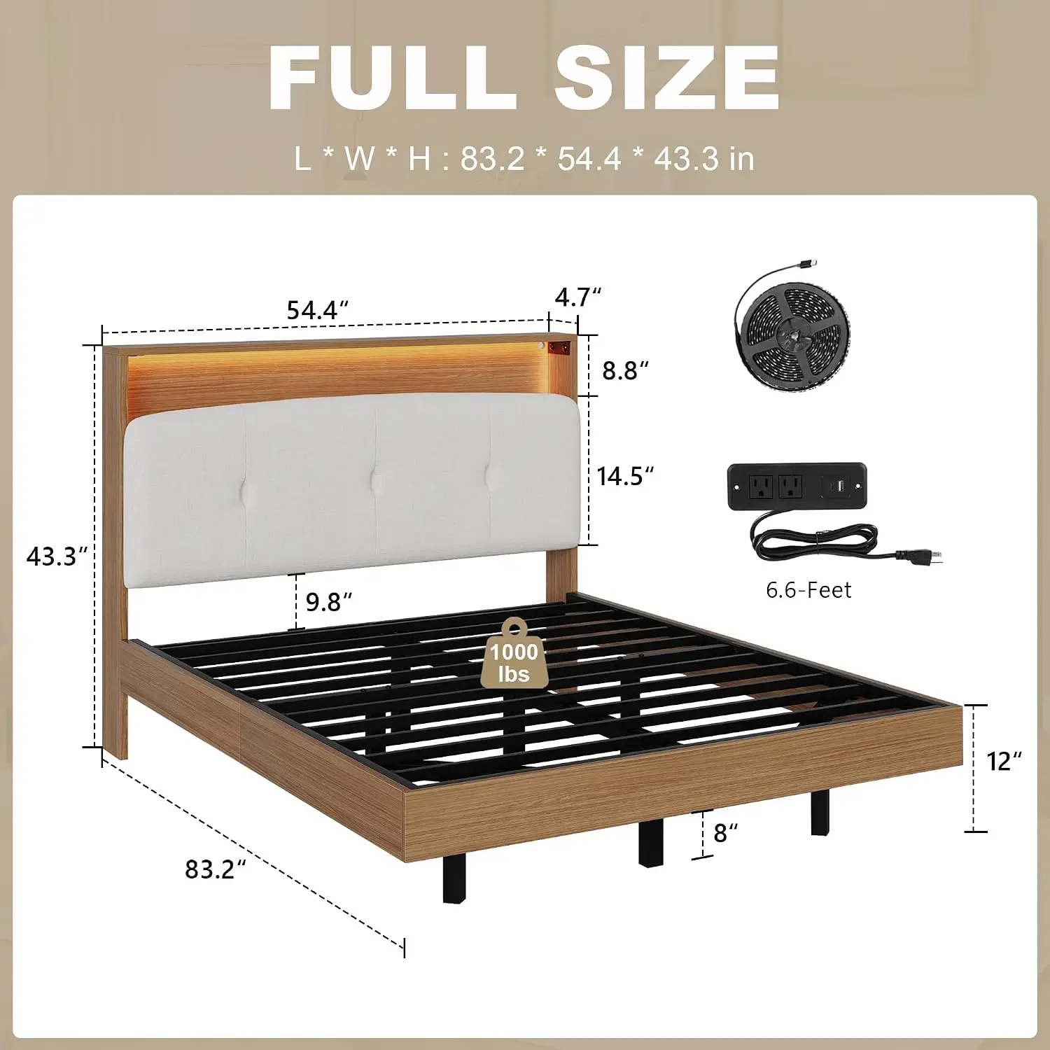 Full Size Floating Bed Frame with LED Light and Charging Station | Walnut, Wooden Floating Bed Frame Full, Upholstered Storage H