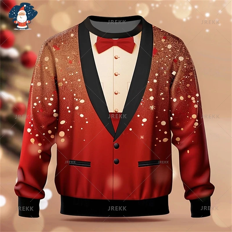 3D Happy Christmas Printed Sweatshirts Suit & Tie Graphic Ugly Christmas Sweater Fashion Streetwear Mens Clothing Unisex Clothes