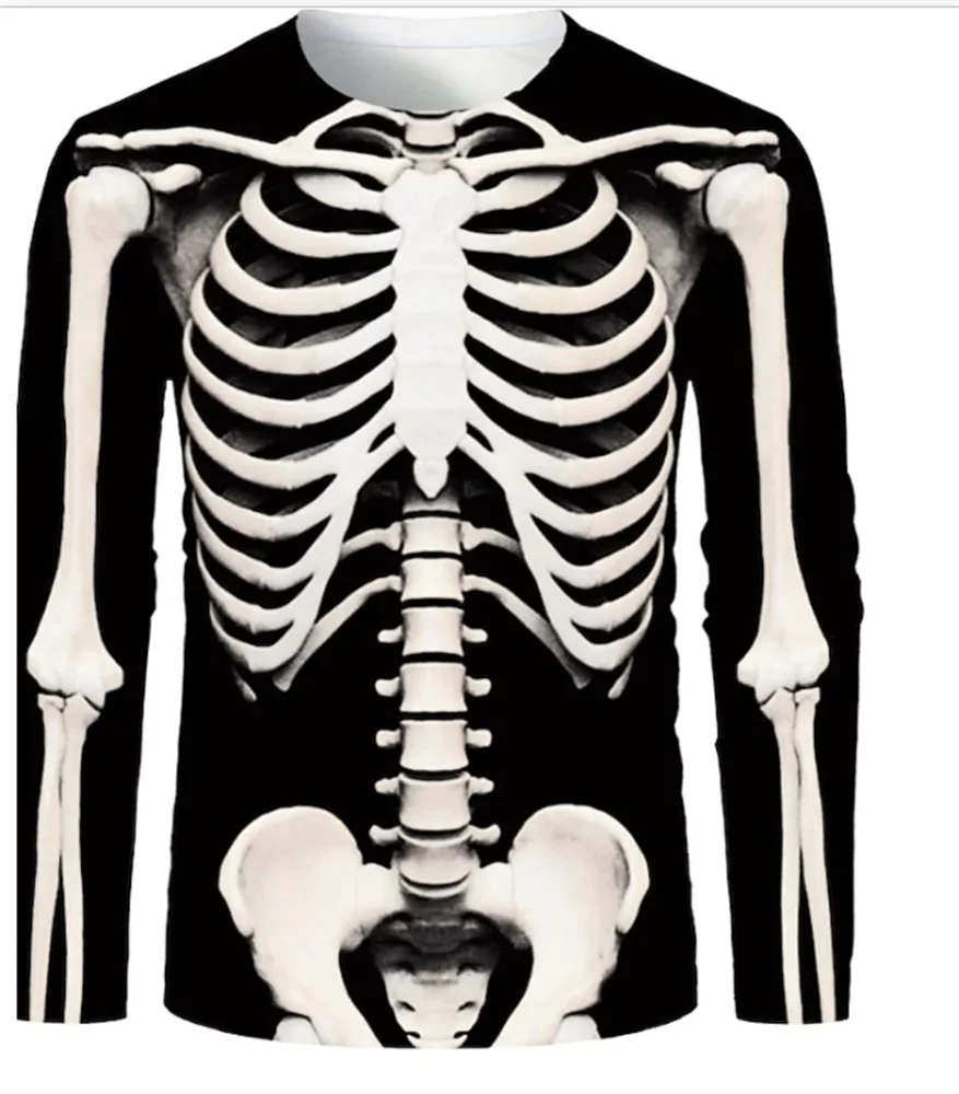 Vintage Funny T Shirts Human Skeleton 3D Printed Streetwear Loose Men Long Sleeve Hip Hop Round Neck Oversized TShirt Clothing