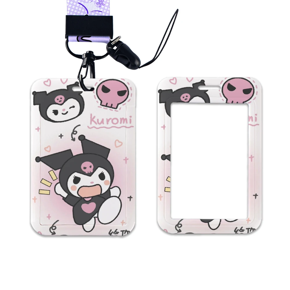 W tempat kartu kerja, lencana nama izin kerja dengan gantungan kunci Sanrio Kuromi pak kartu Id siswa Lanyard pemegang dompet