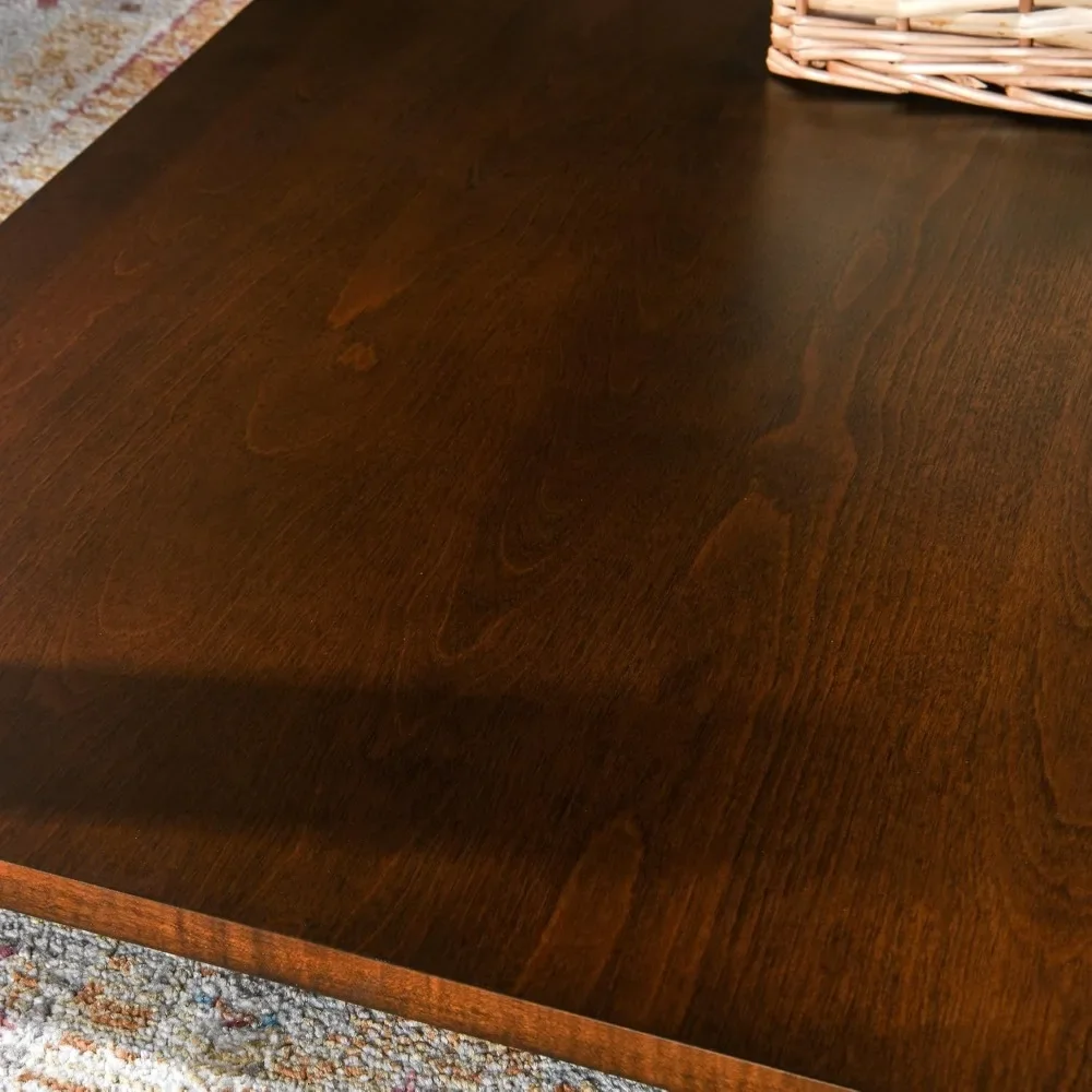 Solid Wood Coffee Table with Shelf, Vintage Rectangle Cocktail Table with Dual Hourglass Tabletop with Curved Legs