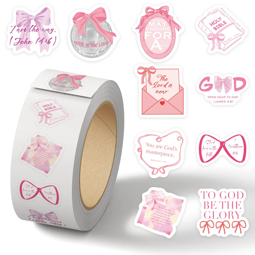 

500pcs/Roll Cute Style Pink Bow Word Sealing Stickers DIY PVC Laptop Decals Decoration Reward Gift Toy