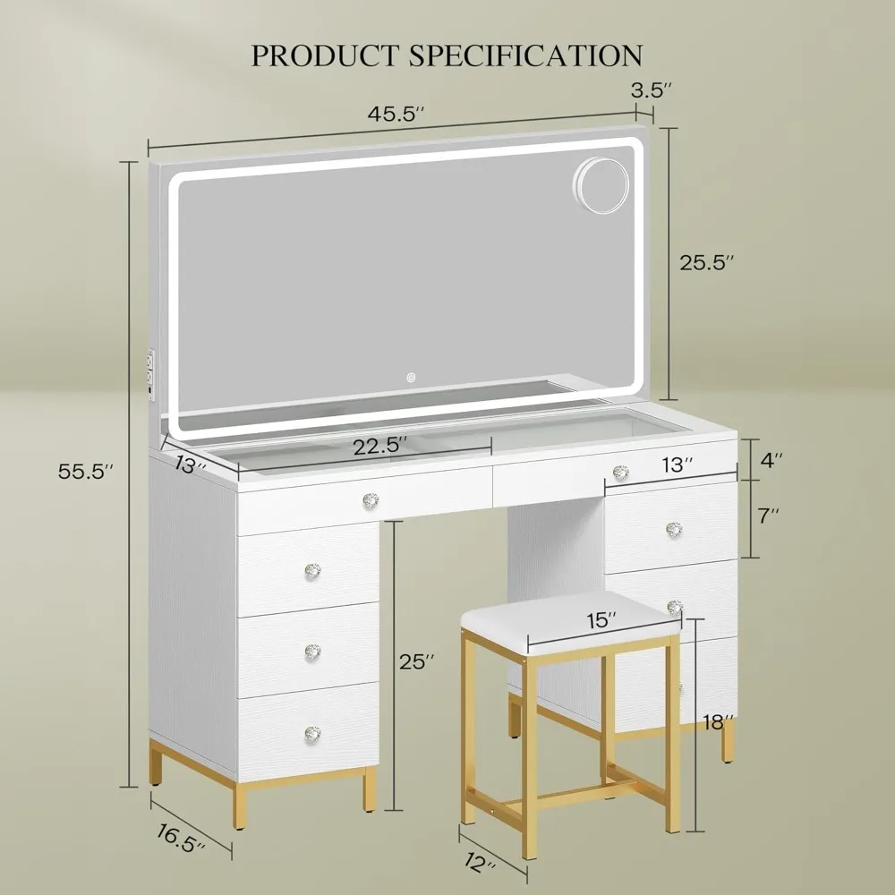 Vanity Desk with Mirror, Power Outlet and Magnifying Glass, Makeup Table with 8 Drawers, 3 Lighting Colors, for Bedroom White