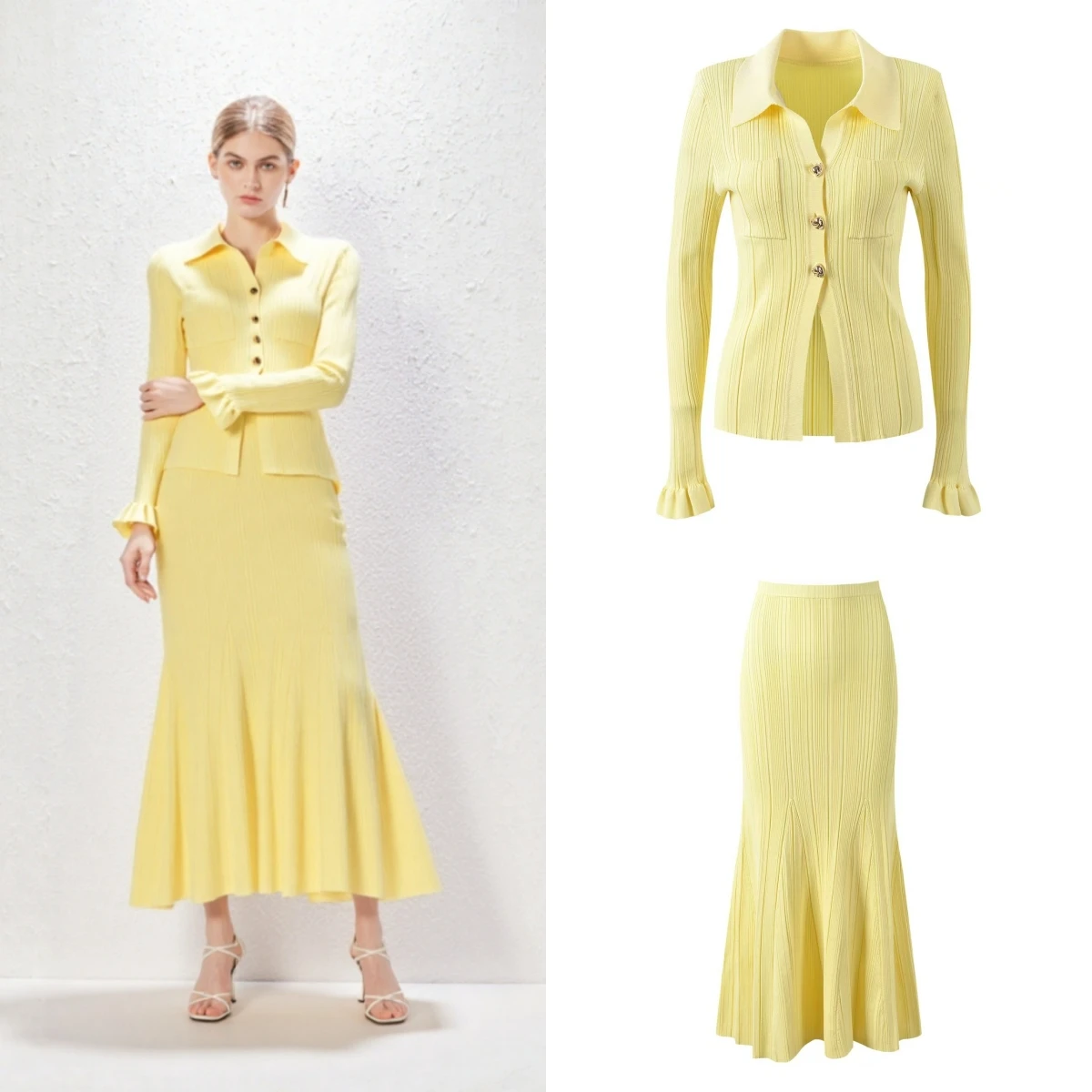 

Осень-зима 2024, женский комплект с юбкой, трикотажные тонкие топы с длинными расклешенными рукавами + однотонная облегающая макси-юбка с высокой талией и оборками, уличная юбка