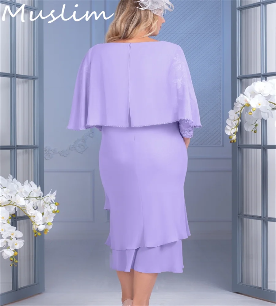 Chic Lilac Mother Of The Bride Dress 2025 Elegant Tea Length Midi Evening Wear Long Sleeve Chiffon Cape Wedding Guest Customized