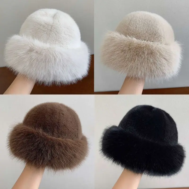 Kore Kabarık Taklit Kürk Kova Şapka Kadın Kızlar Için Kış Sıcak Peluş Balıkçı Şapka Rüzgar Geçirmez Kalınlaşmak Soğuk Karlı Gün Panama Kap