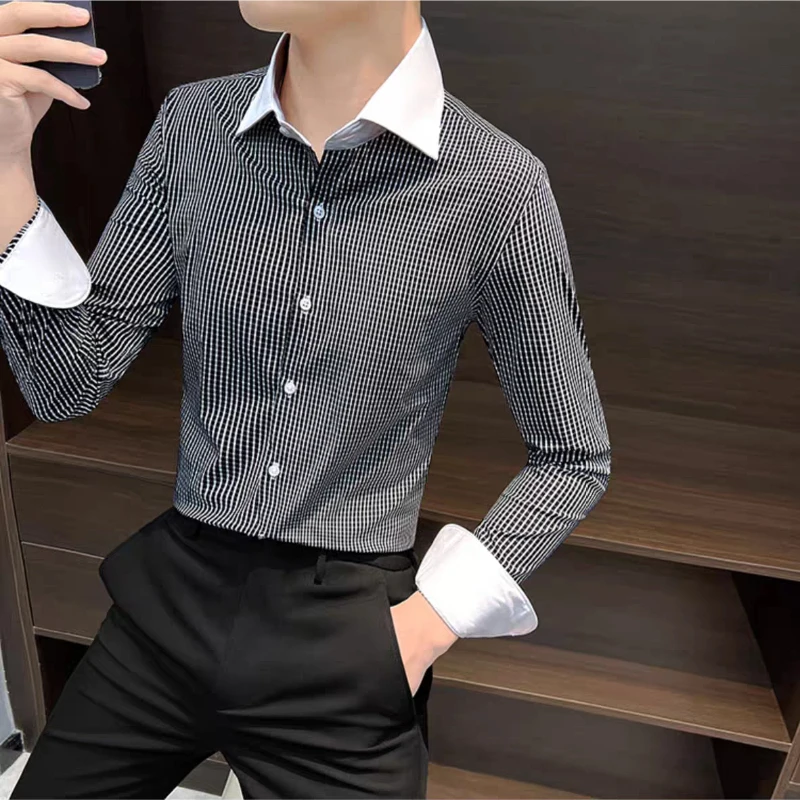 

Новая мужская рубашка в клетку с длинным рукавом на осень 2026 года, приталенная, в корейском стиле, модная, повседневная, универсальная, устойчивая к сминанию