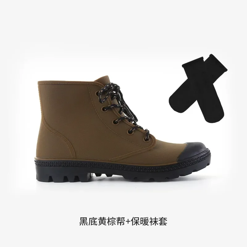 Winter Men Rain Boots Lace-up Ankle Cotton Rain Boots Outdoor Non-slip Waterproof Work Water Boots Camping Fishing Rain Boots