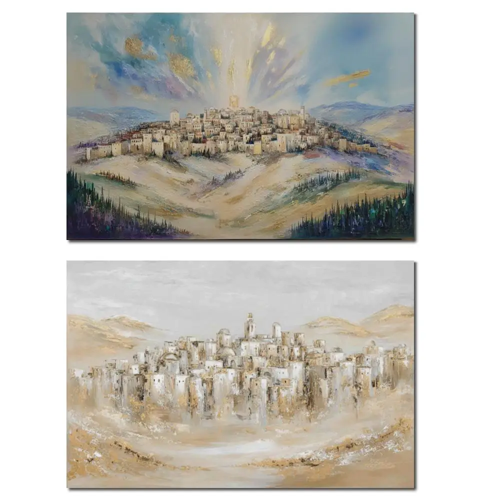 

Abstract Holy Jerusalem Art Handmade Textured Oil on Canvas Large Landscape Painting for Modern Living Room Decor Jewish Home