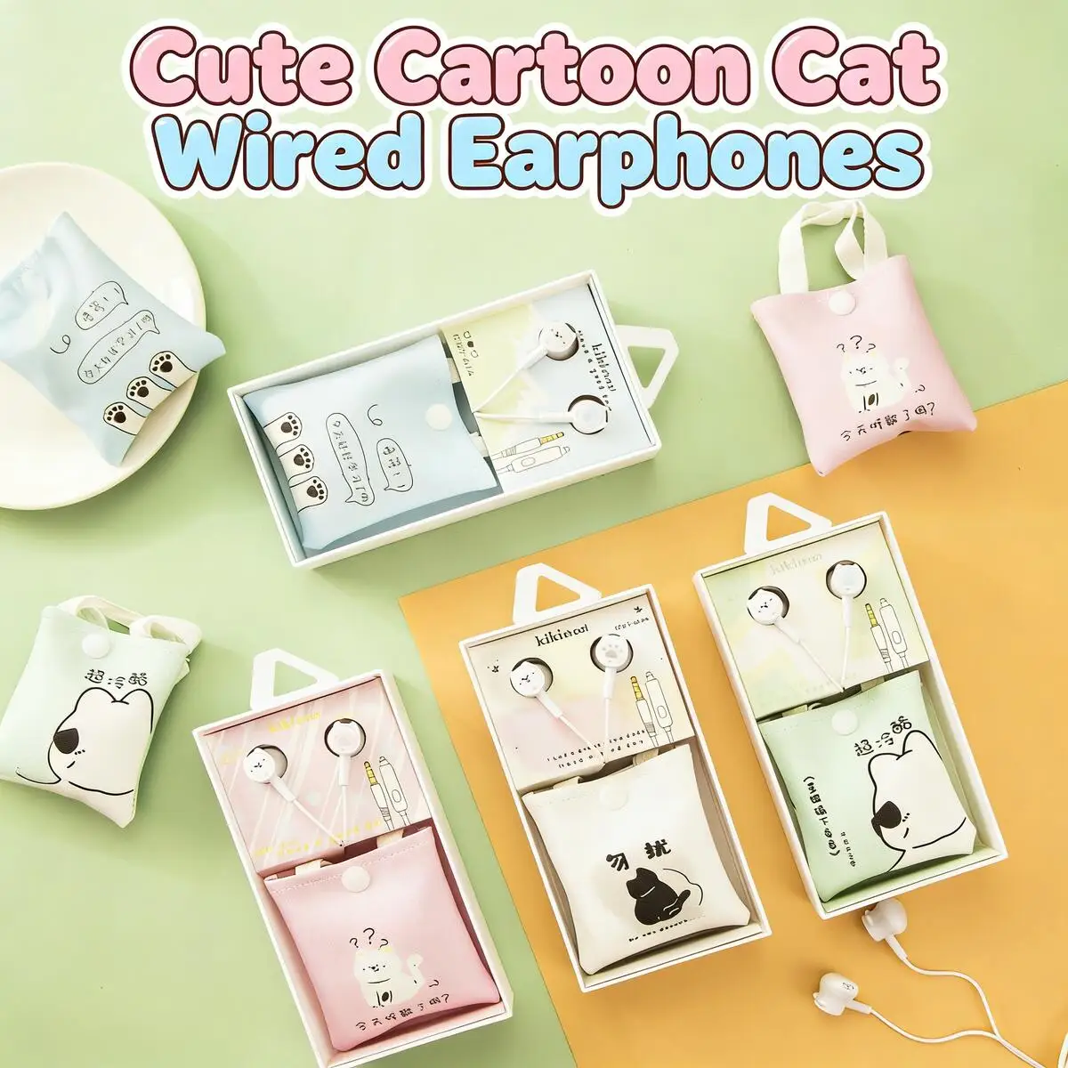 

Cartoon Cat 3.5mm Jack Wired In-ear Earbuds Music Gaming With Cute Storage Bag Comfort Fit for Student Girls Daily Creative Gift