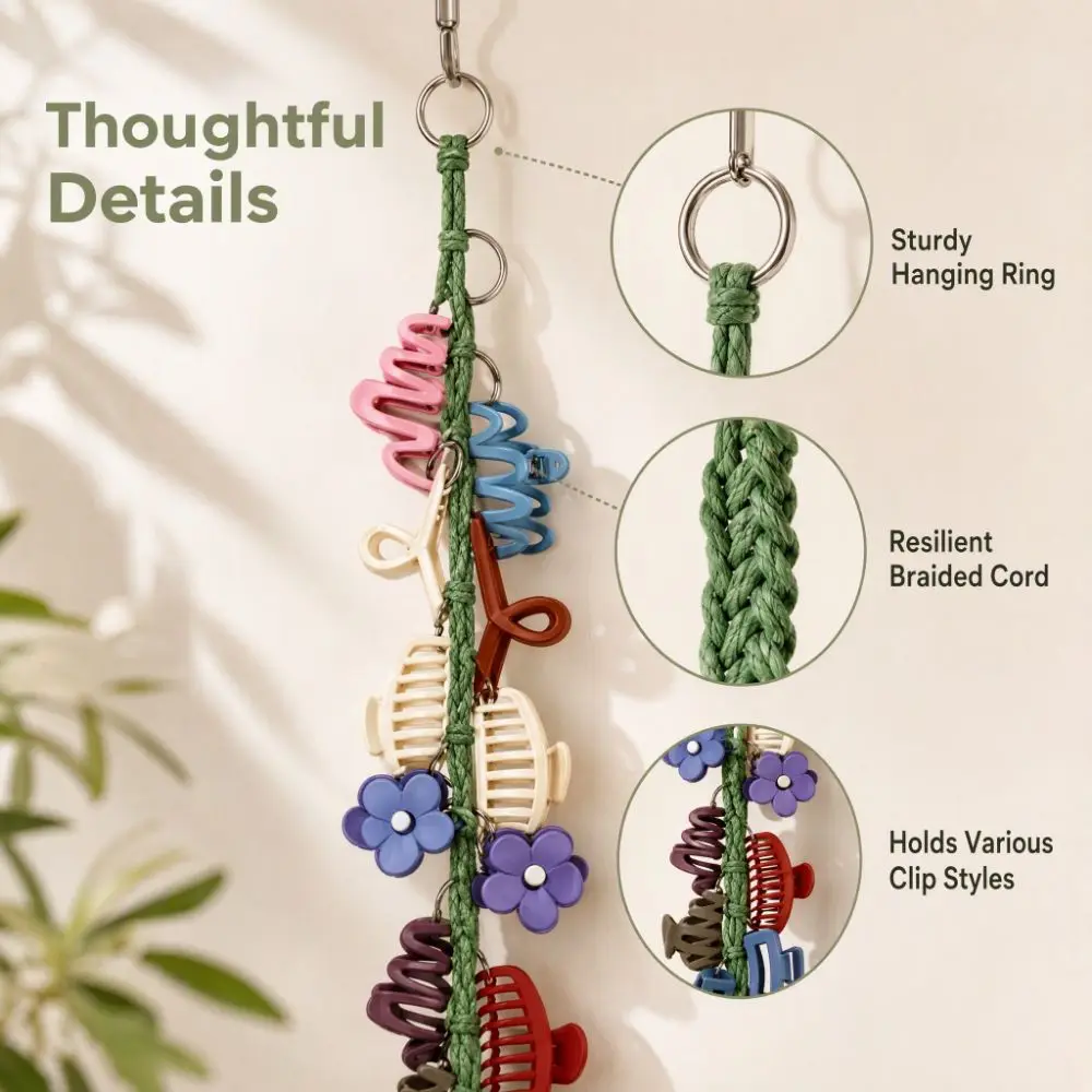 Hand-woven Hair Clip Organizer Tassel Cotton String Hair Claw Holder Space-Saving Bohemia Hand Woven Cotton Rope Ribbons