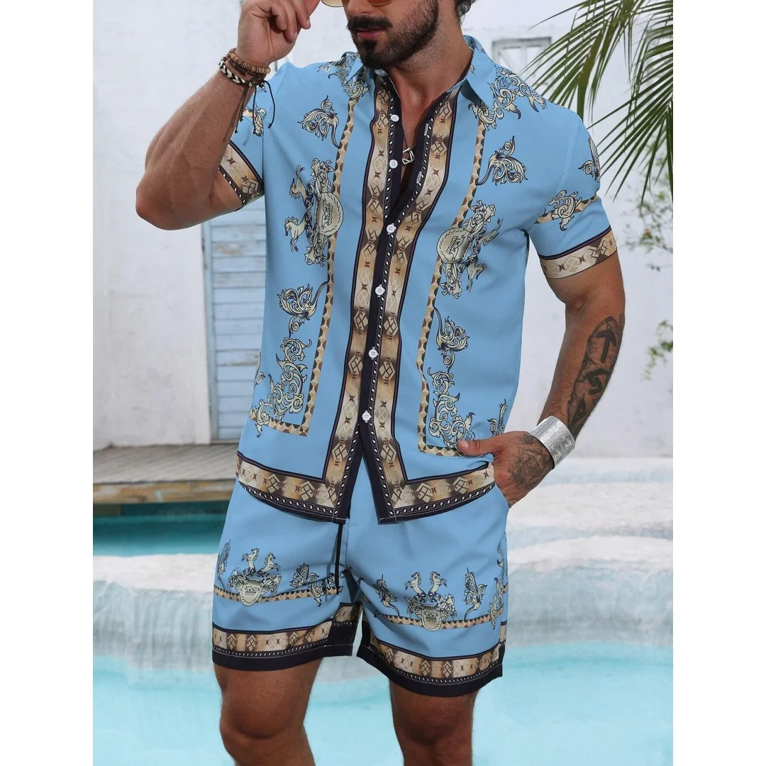 Set Kemeja Bergaris 2025 Kemeja Lengan Pendek Pria Kemeja Lengan Pendek Musim Panas Celana Pendek Pantai Set Jalan Kasual Pria Celana Pendek Kasual Y2K