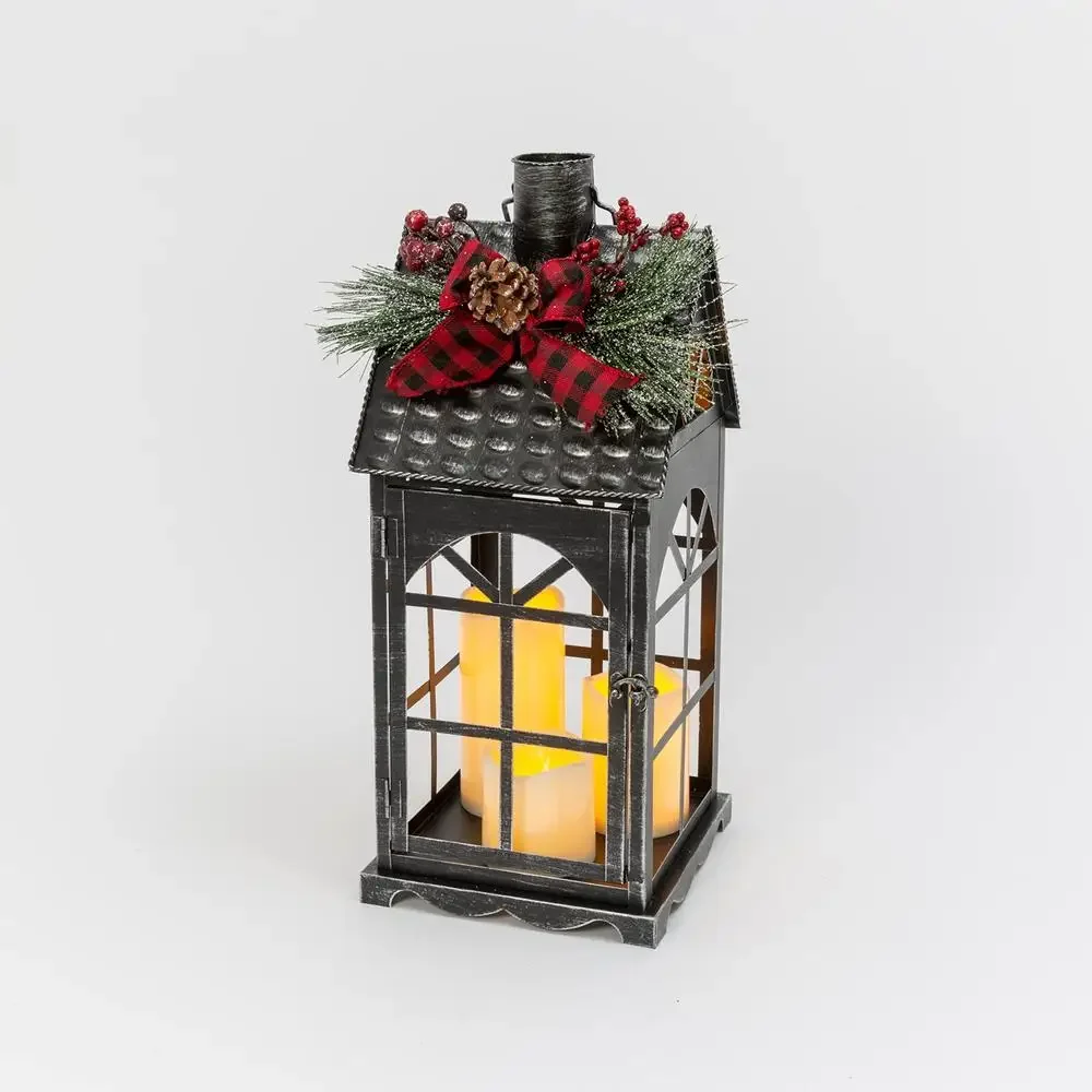 

Holiday Lantern Set LED Candle Floral Accent 18.9" H Battery Operated Festive Glow Warmth Plaid Bow Pine Cone Applicable Indoor