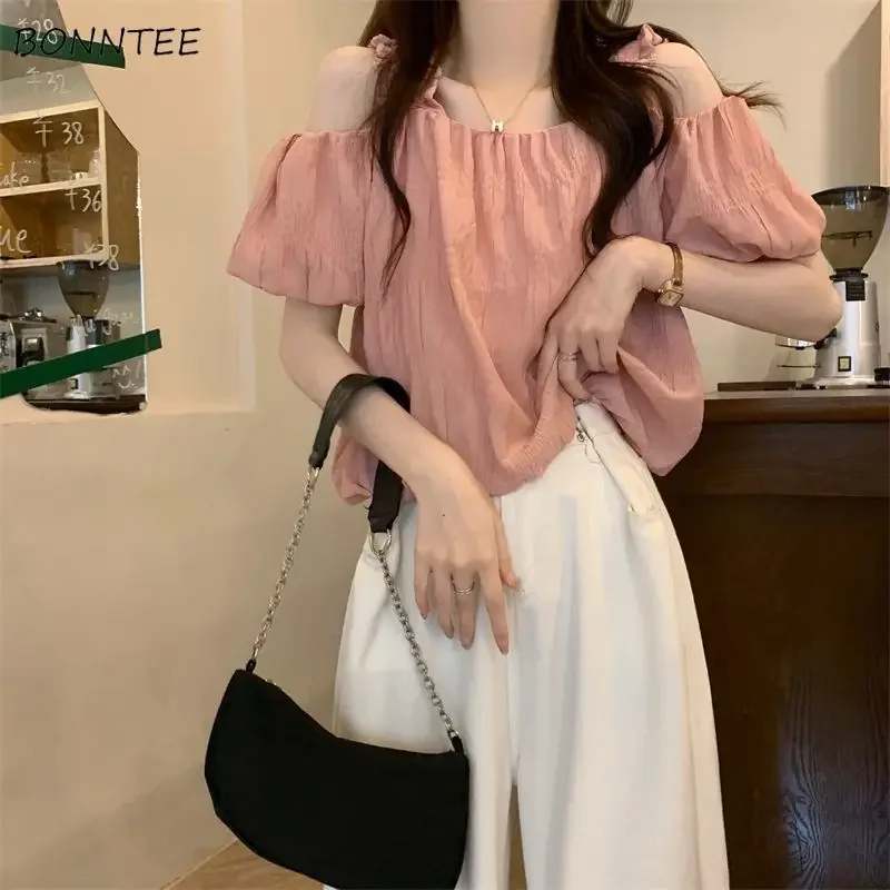 Blouses Women Hotsweet Off Shoulder Age-reducing Shirring Summer Girlish Fashion All-match Korean Style Loose Gentle Solid Tops