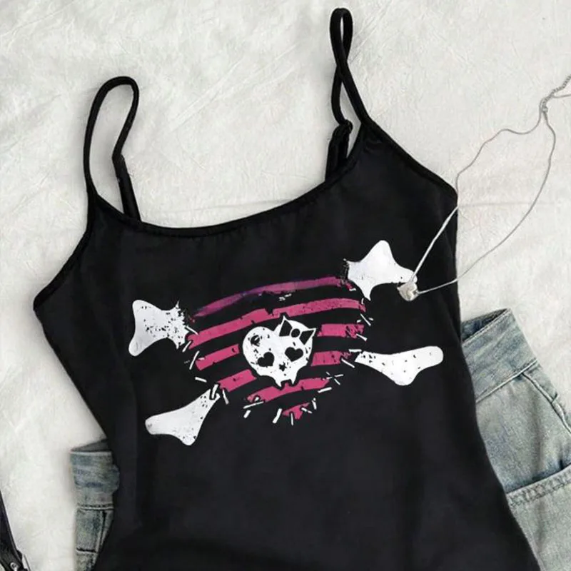 2025 صيف جديد للمرأة حلوة داكنة باردة بلون كامي تانك الأعلى! طباعة جمجمة بانك وعظمتين متقاطعتين، التخسيس والإغراء
