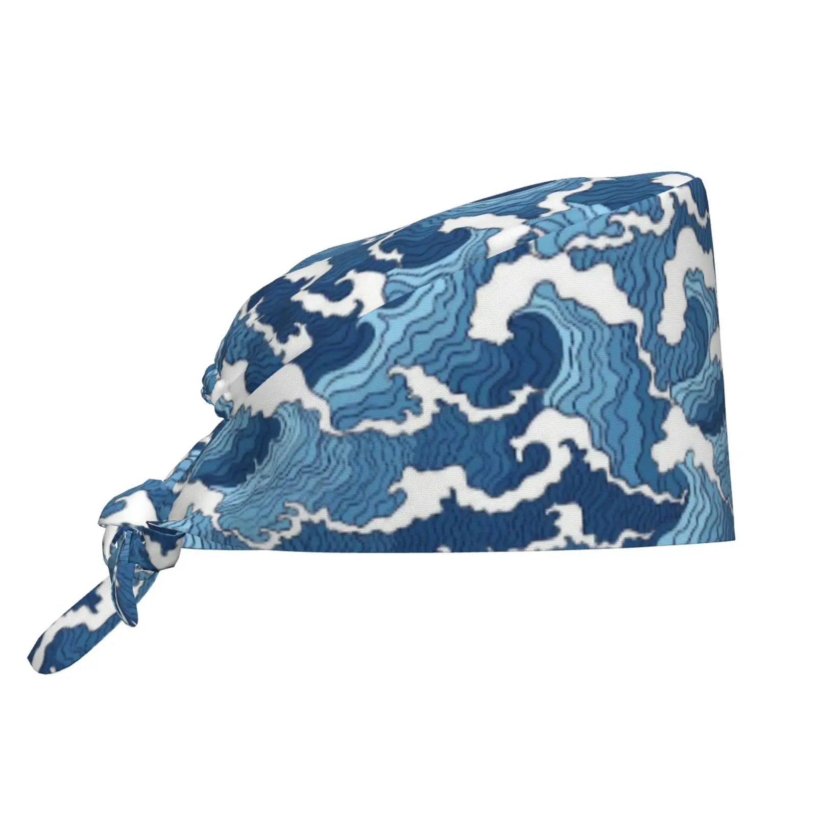 Japanese Wave Working Cap Scrub Cap with Sweatband Adjustable Unisex Women Tie Back Hat Nurse Caps