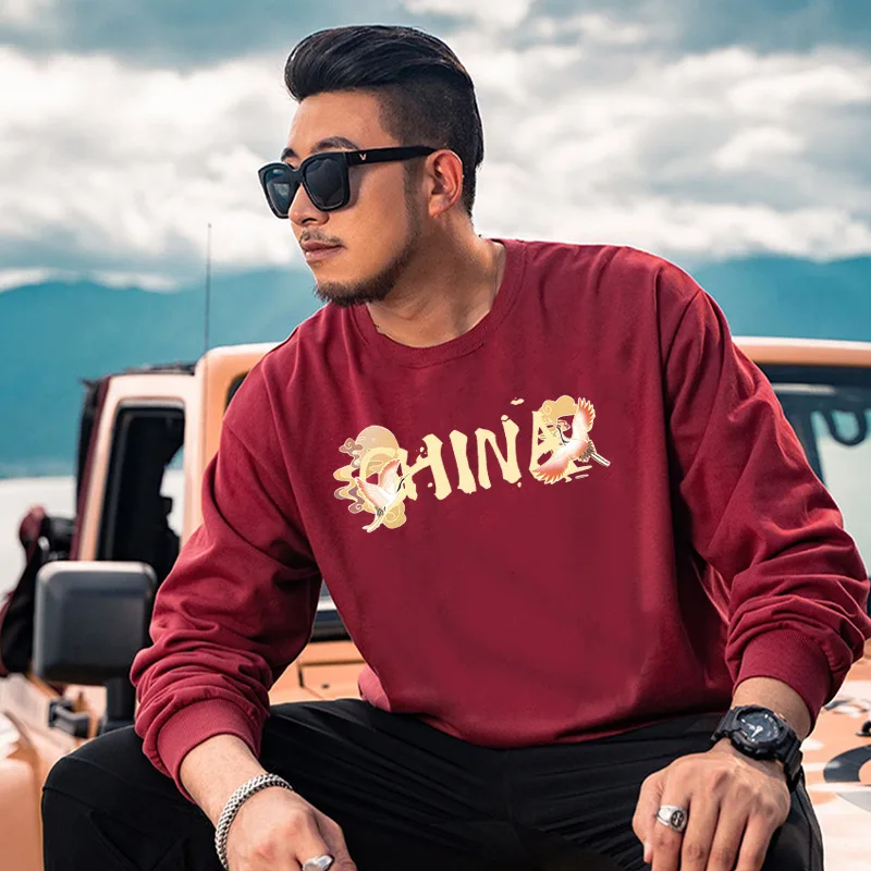 Winter oversized men trendy chubby round neck printed plush warm hoodie with added fat on chest oversized loose 15XL 200KG