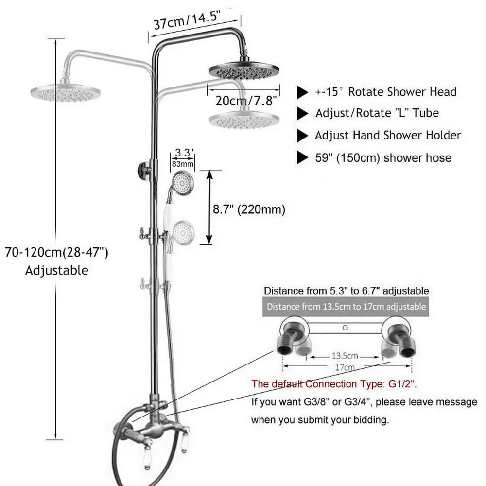 Vintage Retro Antique Brass Dual Ceramic Handles Bathroom 8 Inch Round Rain Shower Faucet Set Mixer Tap Hand Shower man108
