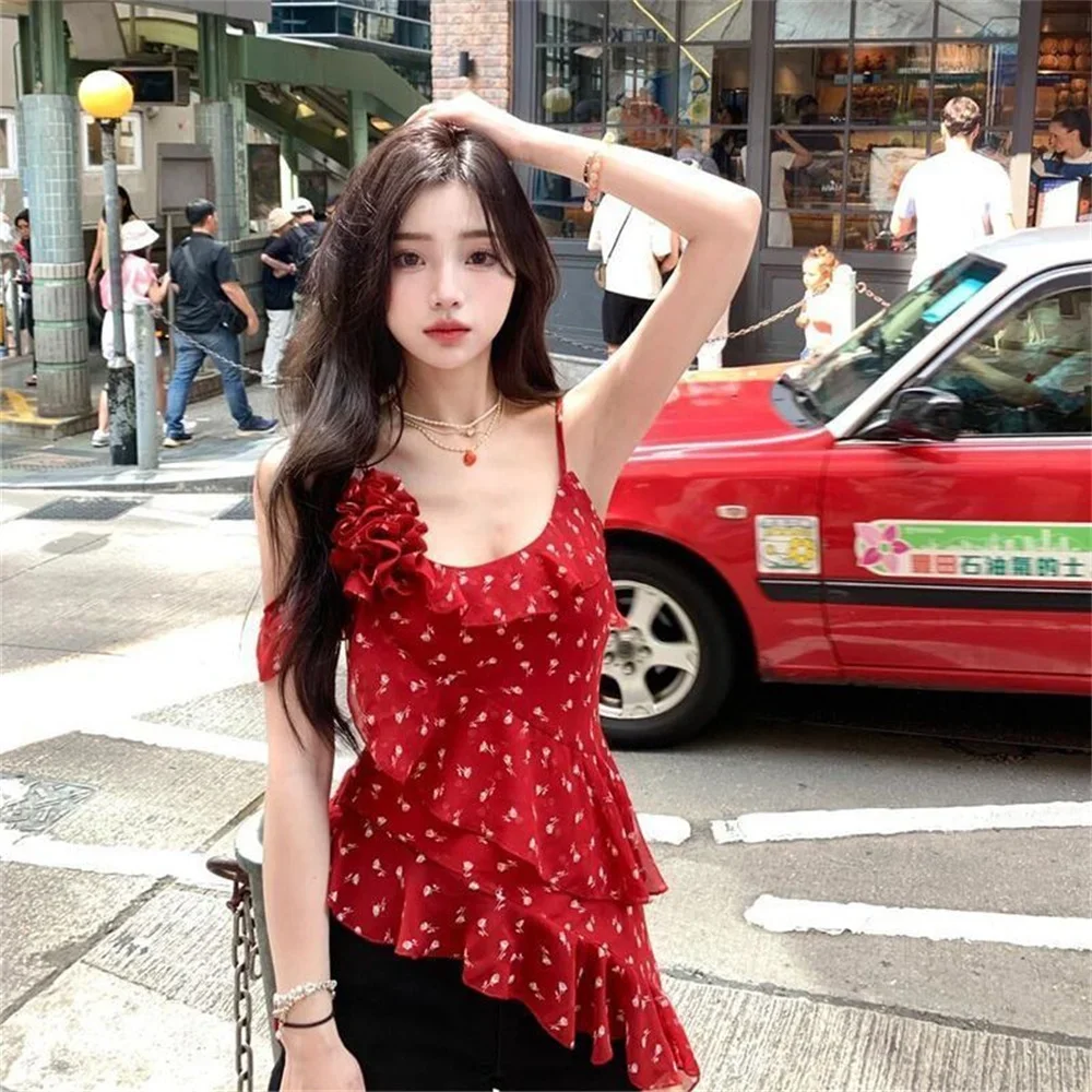 

2025 Shirts For Women Irregular Ruffles Tshirt One Shoulder Sleeveless Print Tops Summer Flower Decoraction T-shirts Pink Blouse