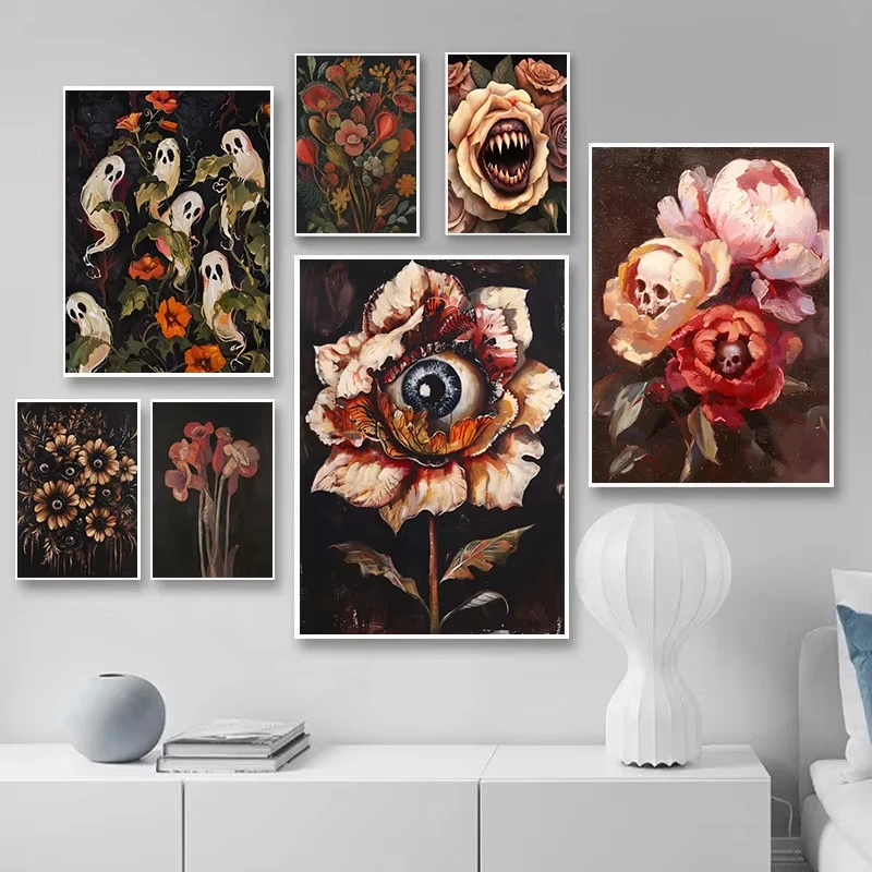 Surreal Skull Flower Oil Painting By Numbers Botanical Floral Eyeball Rose Vampire Prints Canvas Painting Wall Home Room Decor