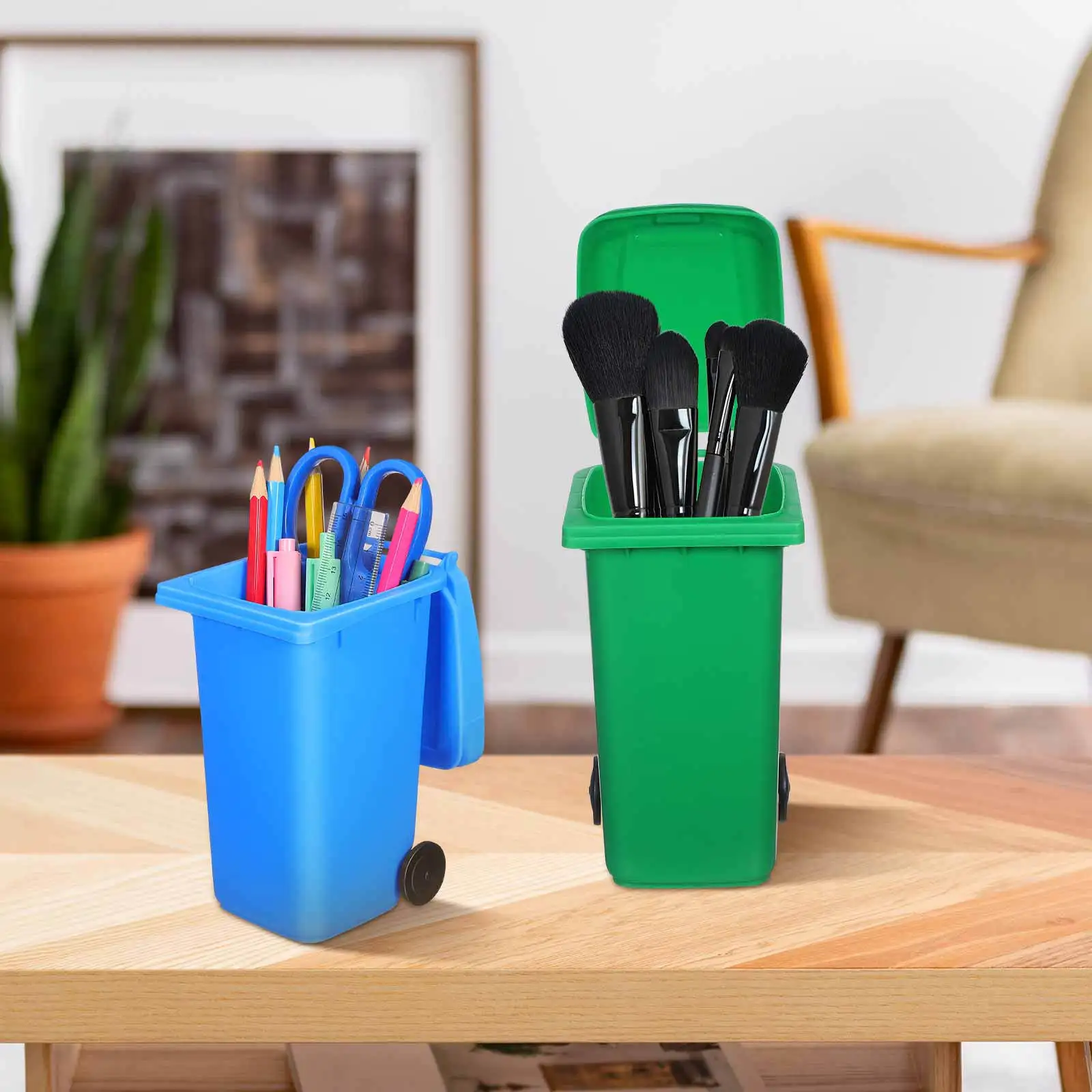 

4pcs Mini Trash Can Pencil Holder Cute Desk Garbage Bin With Lid Wheels Compact Small Plastic Organizer For Office School Supply