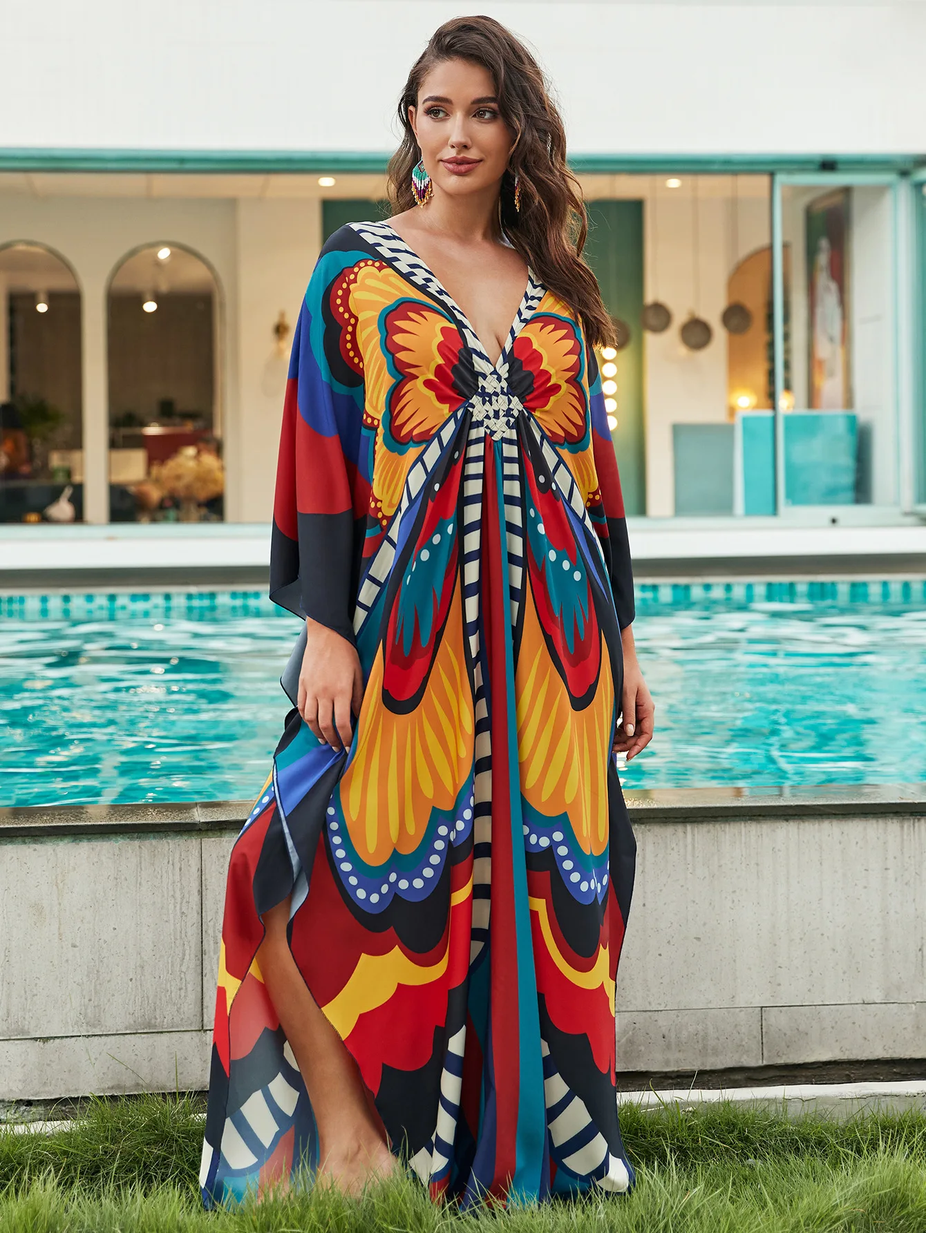 Plus rozmiar sukienki Kaftan dla kobiet drukuj bikini na plażę strój kąpielowy kaftan mumu sukienka Batwing rękaw Cover Up