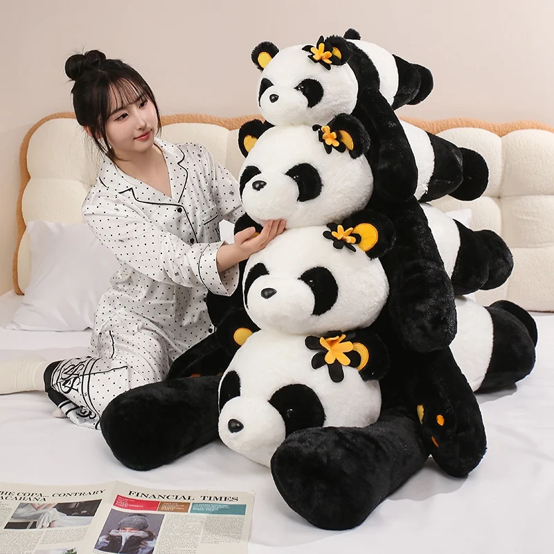 

Kawaii Comfort Soft Animal Plush Throw Pillow Panda With little flowers Lying On The Stuffed Animal Doll Pillow Decorate Room