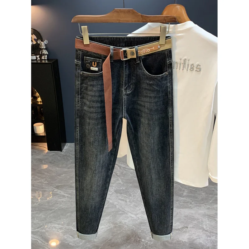 2025年秋のニューアメリカン トレンド カジュアル ブルー ジーンズ メンズ、万能、テーラード、スリム、テーパード スモールレッグパンツ