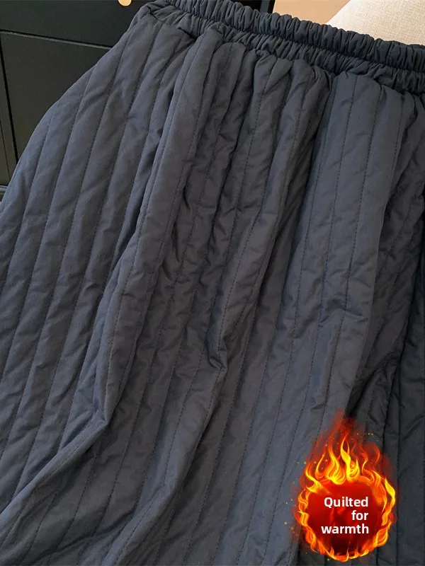 보온 퀼팅 코튼 스커트 A라인 롱 스커트 슬림 사이드 슬릿 단색 세로 스트라이프 플러스 사이즈 여성 스커트