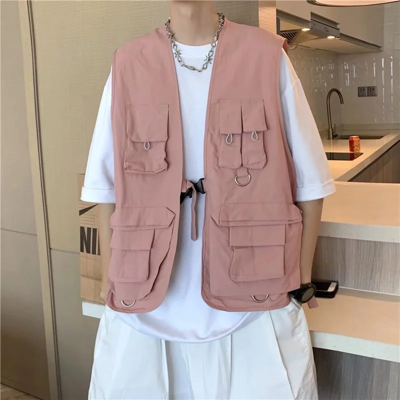 EBAIHUI Black Pink Pocket Vests Men Fashion Retro Casual Cargo Sleeveless Jacket Male Japanese Streetwear Loose Hip Hop Vest