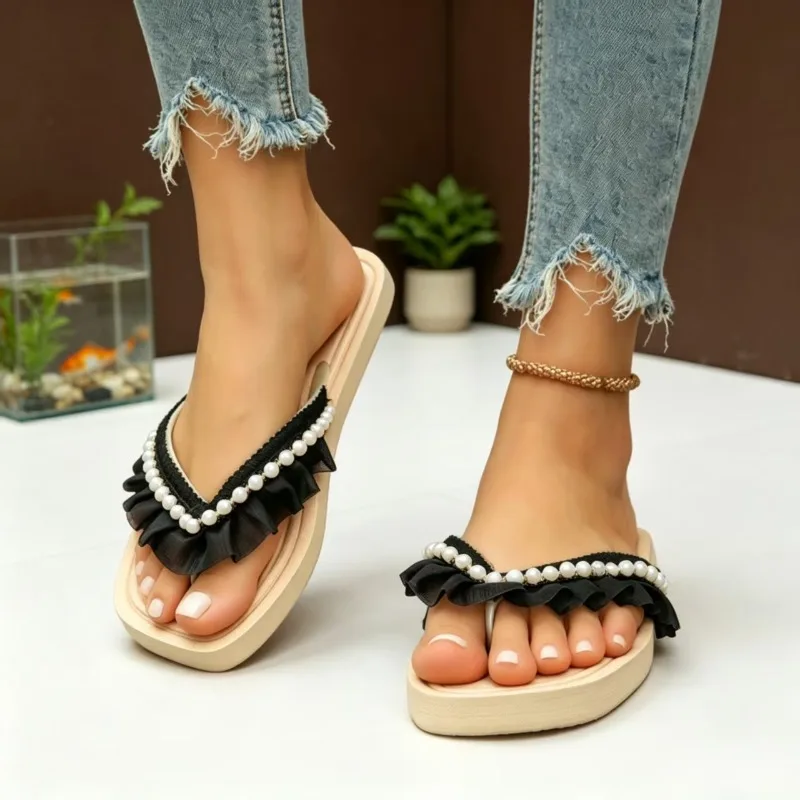 Women Slides Faux Pearl Decor Ruffle Trim Sandals Open Toe Wear-resistant Flat Slippers Summer Sandy Beach Sandals Women Shoes