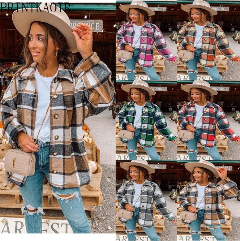 

PRINTKAOIR 2026 Autumn Women's European American Style Oversized Plaid Shirt Coat Long Sleeve Lapel Mid-Length Street Outerwear