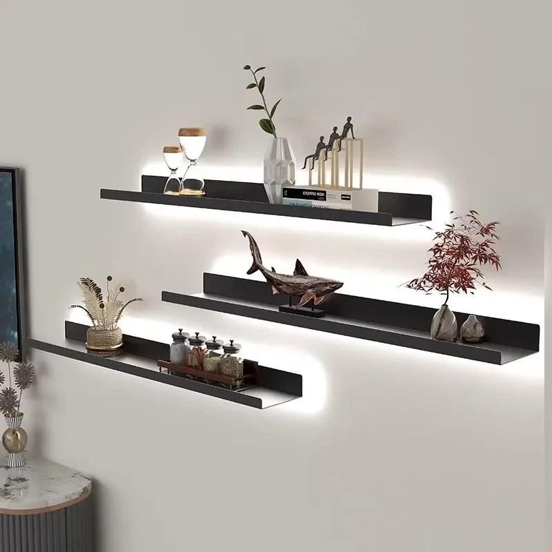 Modern Simple Anti Drop LED Wall Shelf U Shaped Stainless Steel Display Rack One Word Model Decoration Floating Laminated