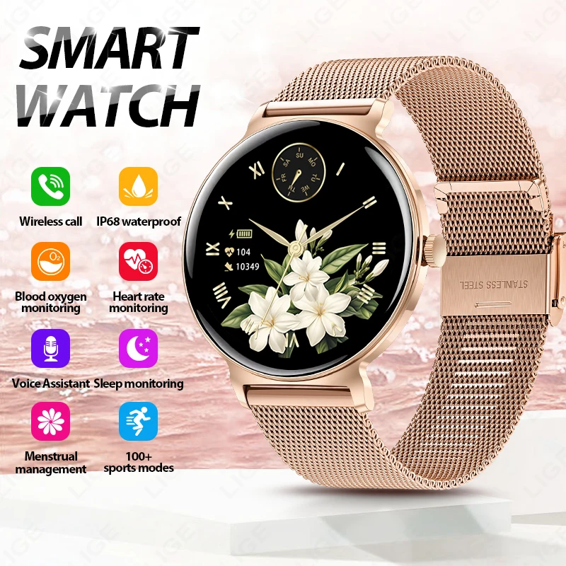 Ultradünne 1,27 Zoll Smart Watch Damen Herzfrequenzmesser Musik Bluetooth Anruf Smart Armbanduhr Damen Smartwatch für Android iOS