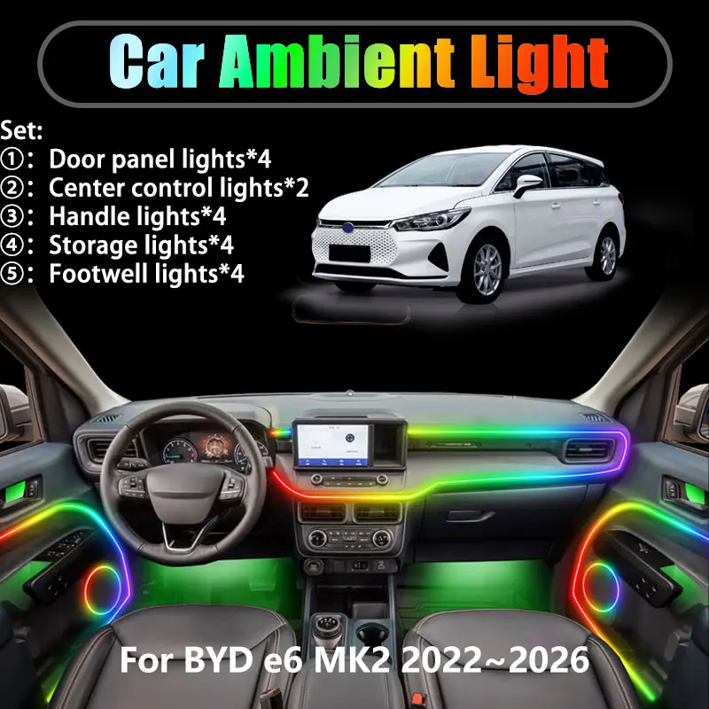 

For BYD e6 MK2 2022~2026 2023 2024 2025 2/18 in 1 Car ambient lighting Led trunk interior led lights USB RGB Ensemble Streamer