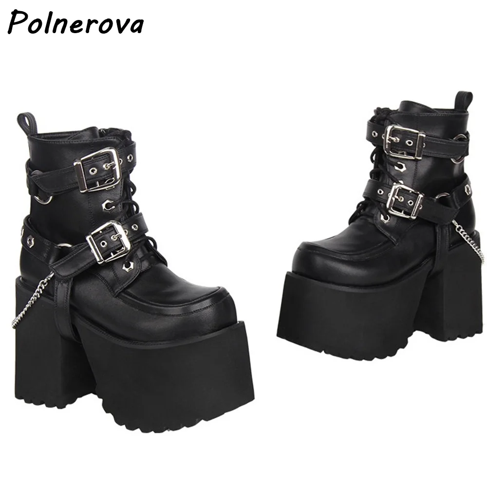 Black Platform Ankle Boots Gothic Lace-Up Buckle Straps Chain Chunky Heel Punk Style Combat Boots Women Solid Winter Cool Shoes