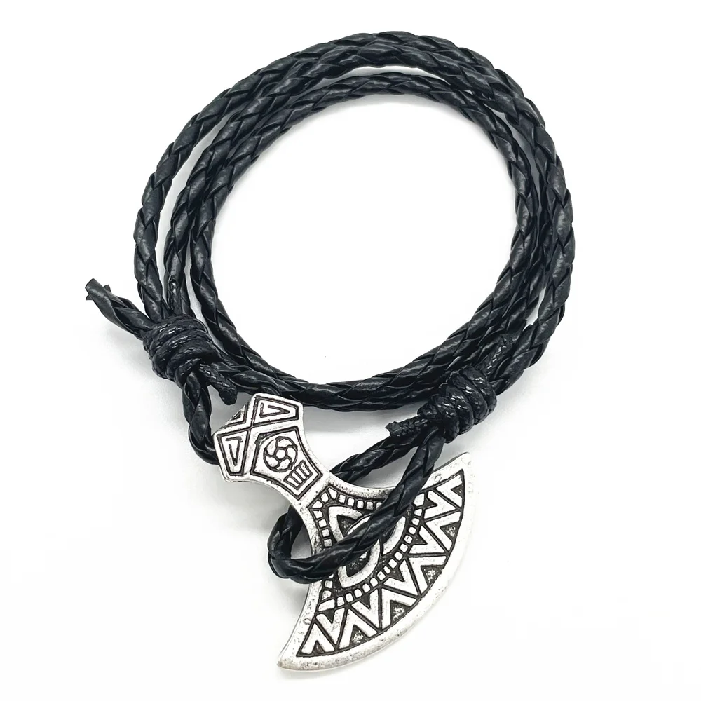 Viking Axe Charm Wolf Raven Amulet Slavic Kolovrat Norse Men\'s Leather Accessories Handmade Braided Wrap Pirate Bracelet