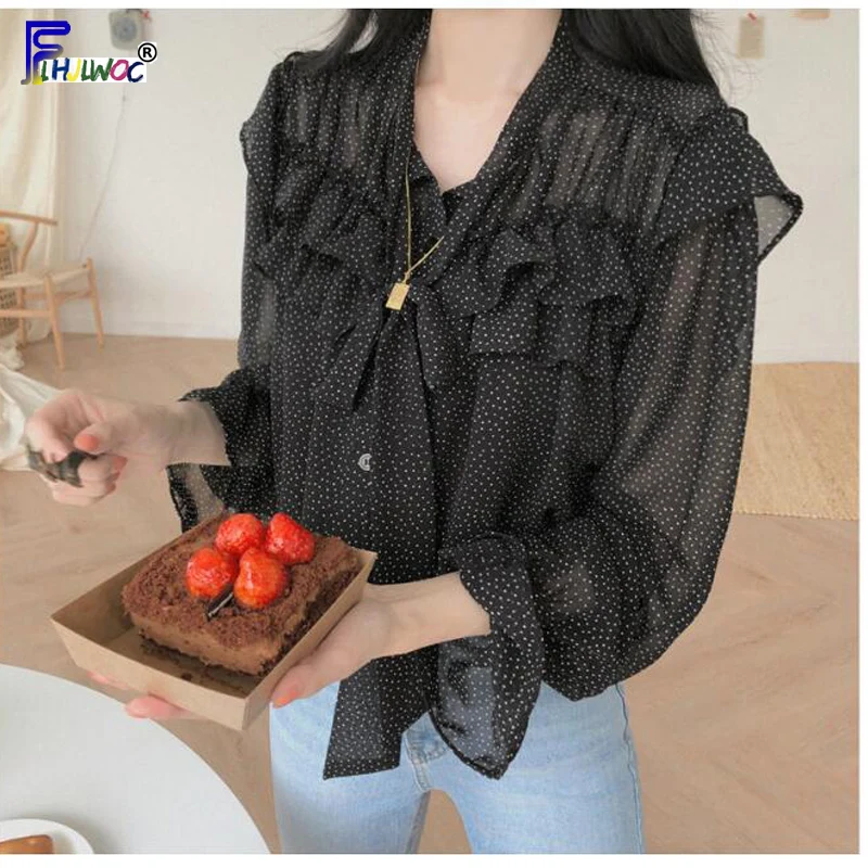 Bow Tie Tops Women Korean Style Flare Sleeve Design Vintage Tops Sweet Red Black Chiffon Romantic Polka Dot Ruffled Blouse Shirt