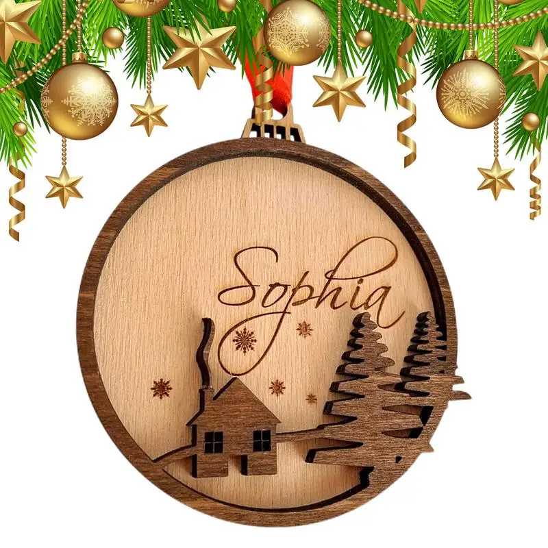 Christmas Tree Ornament Wooden Slices Tag Label With Tree And House Pattern Round Hangings Wreath Crafts Handmade Wooden Slices