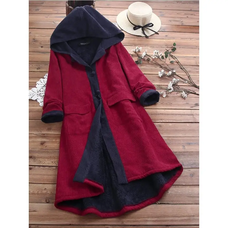 

Hooded Patch Quilted Corduroy Long Coat Thiened Winter Commute Sle Pure Color Polyester Fiber 00% Women's Coat