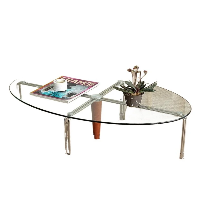 

Medieval coffee table stainless steel, glass oval living room, small apartment home retro minimalist style